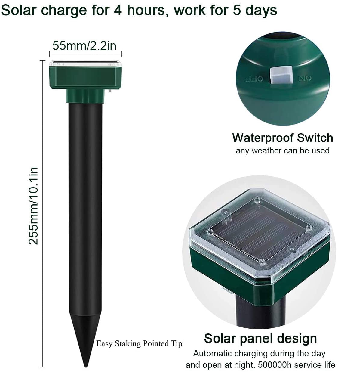 MODANU 2 Pack Solar Mole Repellent, Ultrasonic Mole Repellent Solar Powered, Outdoor Waterproof Ultrasonic Snake Repellent for Get Rid of Mole, Gopher, Snakes, Vole and Other Underground Pests