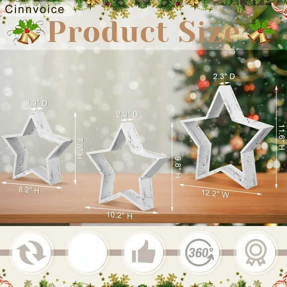 Wooden Star Table Decoration with LED Light, 3 Pcs Christmas Wood Star Decor Tabletop Centerpiece Sign, Christmas Star Shelf Display Decorative DIY Christmas for Home Decors