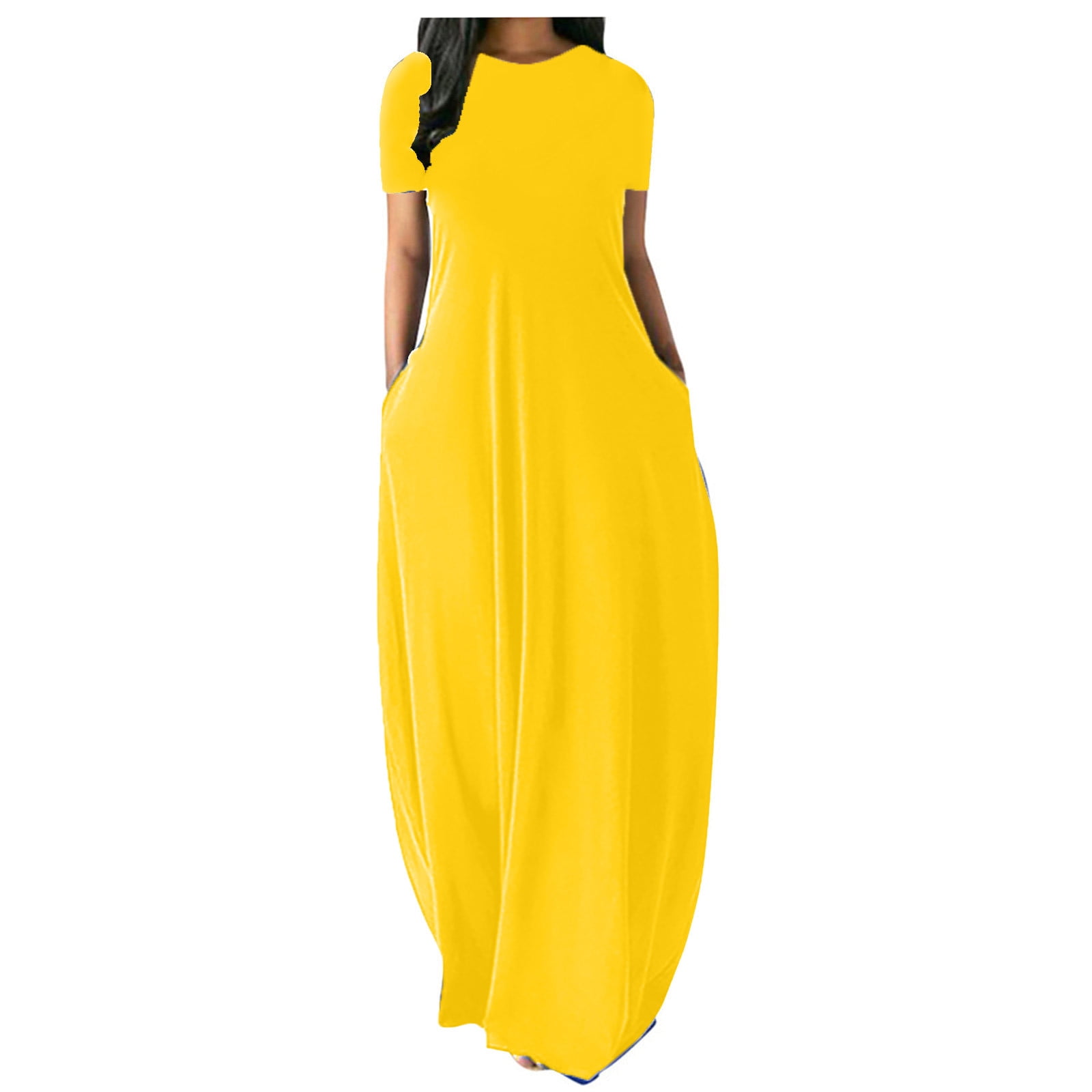 Colisha Ladies Summer Beach Sundress Solid Color Long Dress Short Sleeve Maxi  Dresses Casual Party Crew Neck Yellow 4XL - Walmart.com