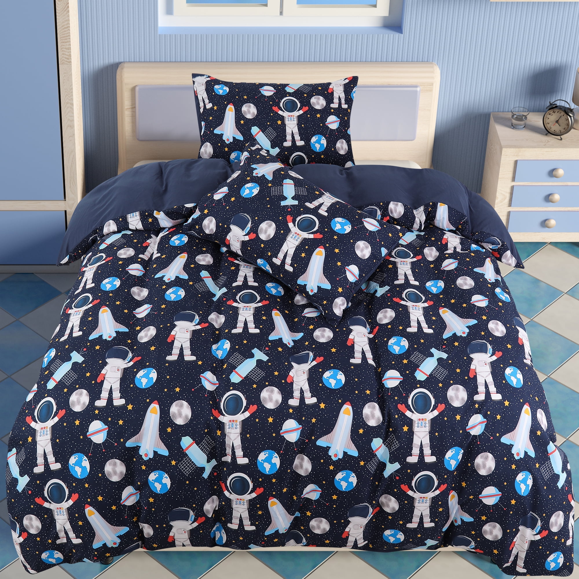 Unique Bargains 5 Piece Polyester Space Astronaut Pattern Kid Bedding Set Queen