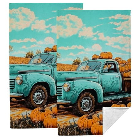 

FUMJ Harvest Truck Pumpkins Funny Kitchen Towels 2-Pack for Kitchens Bathrooms Showers Hand Towel Super Soft Extra Absorbent 27.5*16in