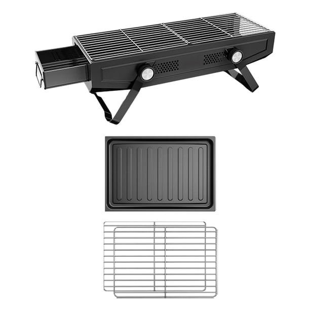Barbacoa de leña, barbacoa de camping, de sobremesa, plegable, de leña, para senderismo, Negro con sartén