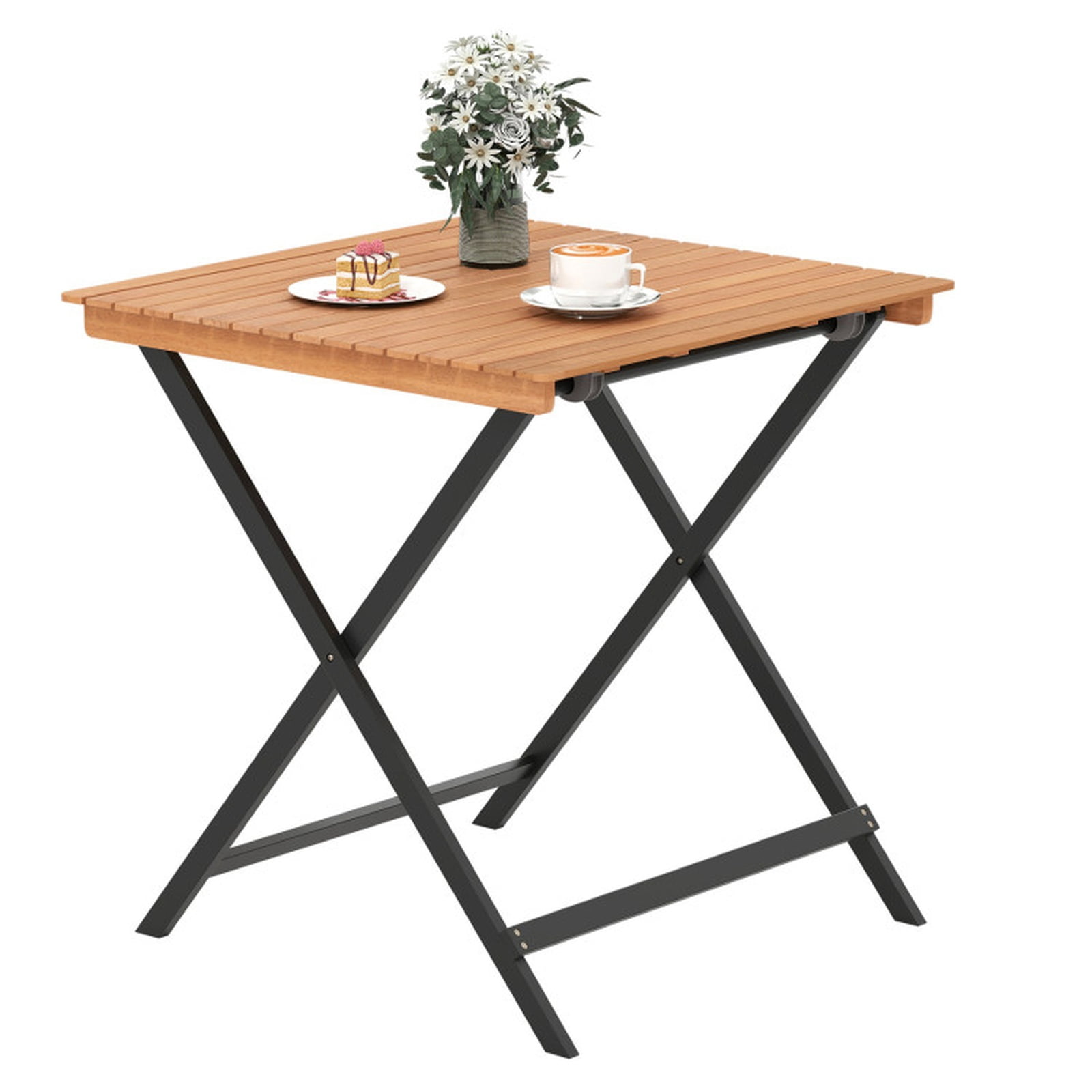 Biotree 28 Inch Folding Square Outdoor Table with Slatted Acacia Wood Top for the Patio Backyard and Porch to Enjoy Meals and Drinks Outside, Black