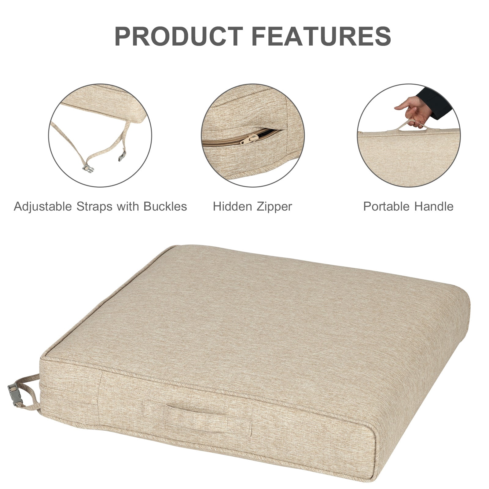 Aoodor Patio Chair Cushions Set of 2, 23 x 26 x 4 Inch Water Resistant Outdoor Seat Cushions with Handle and Ties, Square Corner Cushions for Patio Furniture Garden Lawn, Brown