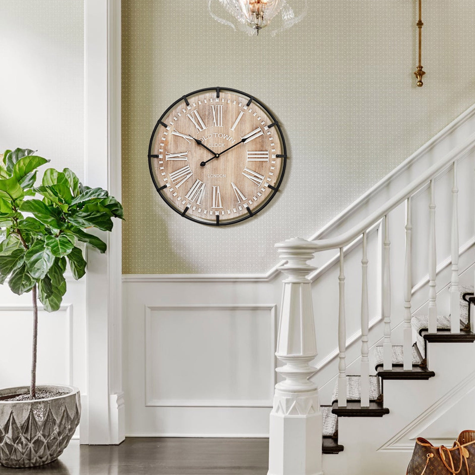 MODE HOME 24 inch Farmhouse Rustic Wall Clock, Silent Battery Operated with Metal Circle and Engraved Numerals