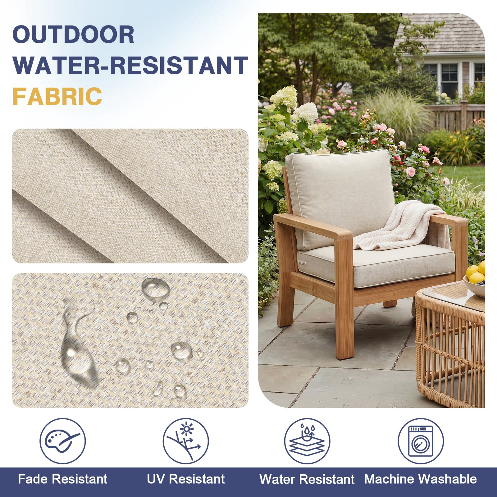 Aoodor 24 x 24 Inch Outdoor Seat Cushion, Water-Resistant & Fade Resistant Deep Seat and Back Cushion with Removable Cover for Patio Furniture Chair, Sofa and Couch, Cream Beige
