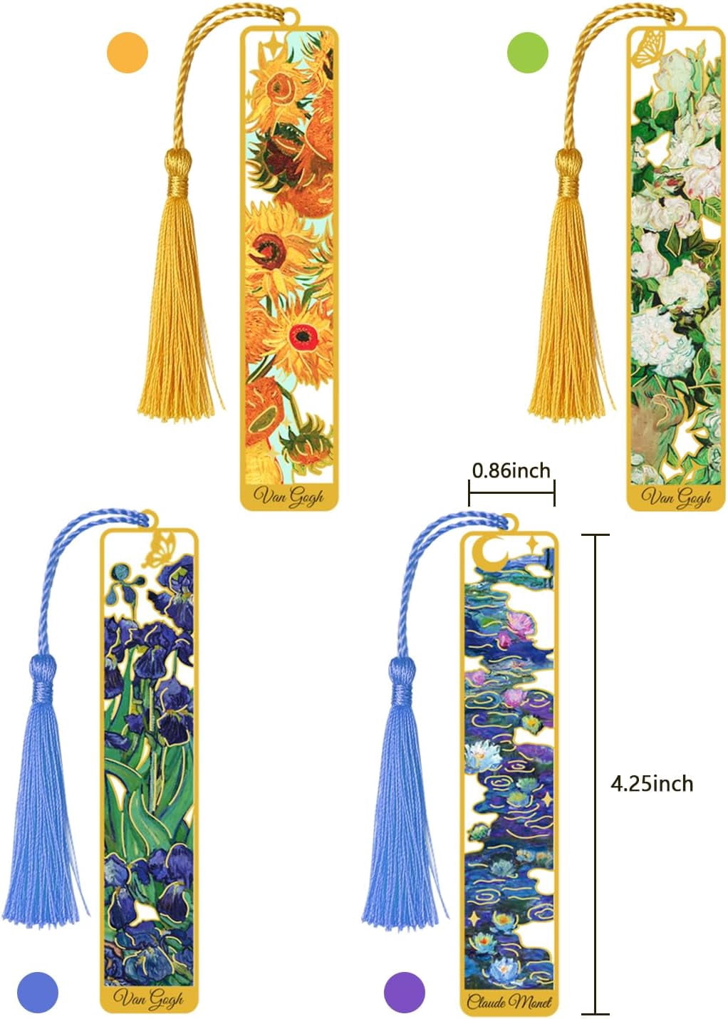 4 Pieces Metal Bookmarks with Tassel, Golden Hollow Bookmark Van Gogh Monet Oil Painting Theme Book Marker for Book Lovers Writers Readers Children Teens Men Women Adults