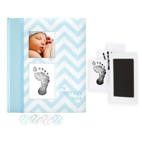 Pearhead Chevron Baby Memory Book and Clean Touch Ink Pad, Blue