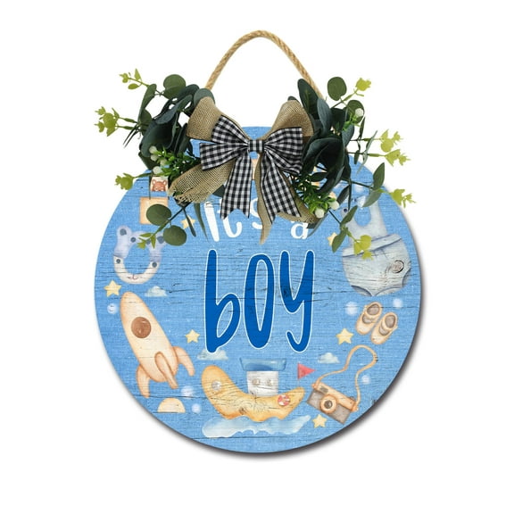 It's A Boy Sign Front for Door Decoration, 12 in Round Wood Wreaths Wall Hanging Outdoor, Farmhouse, Porch, for Spring Summer Fall All Seasons Holiday Christmas