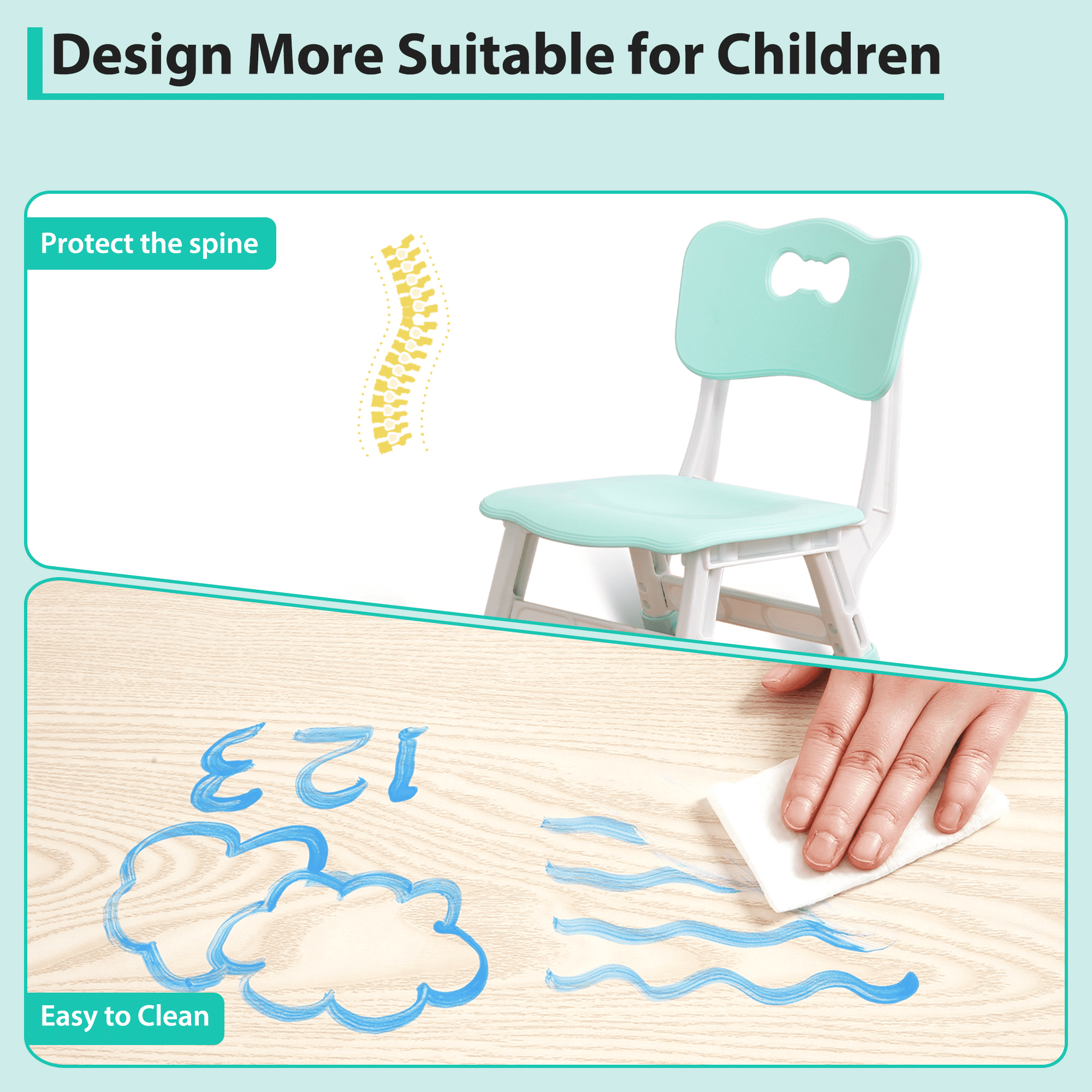 Adjustable Height Kids Table and 6 Chairs Set - Graffiti-Resistant Multi-Activity Desktop - Non-Slip Legs - Preschool & Study Table for Home, Study Room, Daycare - For Ages 2-10 - Lake Blue