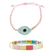 Evil Eye Glass Charm Slider Bracelet & Color Block Bars Stretch Bracelet Set of 2, Multicolor