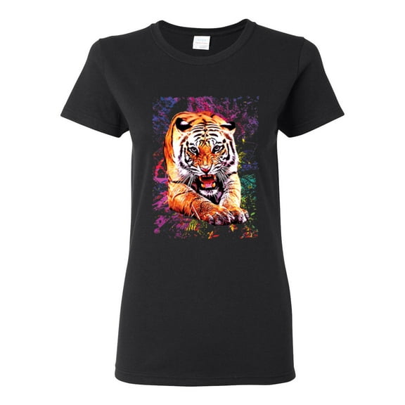 Tiger Growling Colorful Trippy Tie Dye Animal Lover Womens Graphic T-Shirt, Black, Small