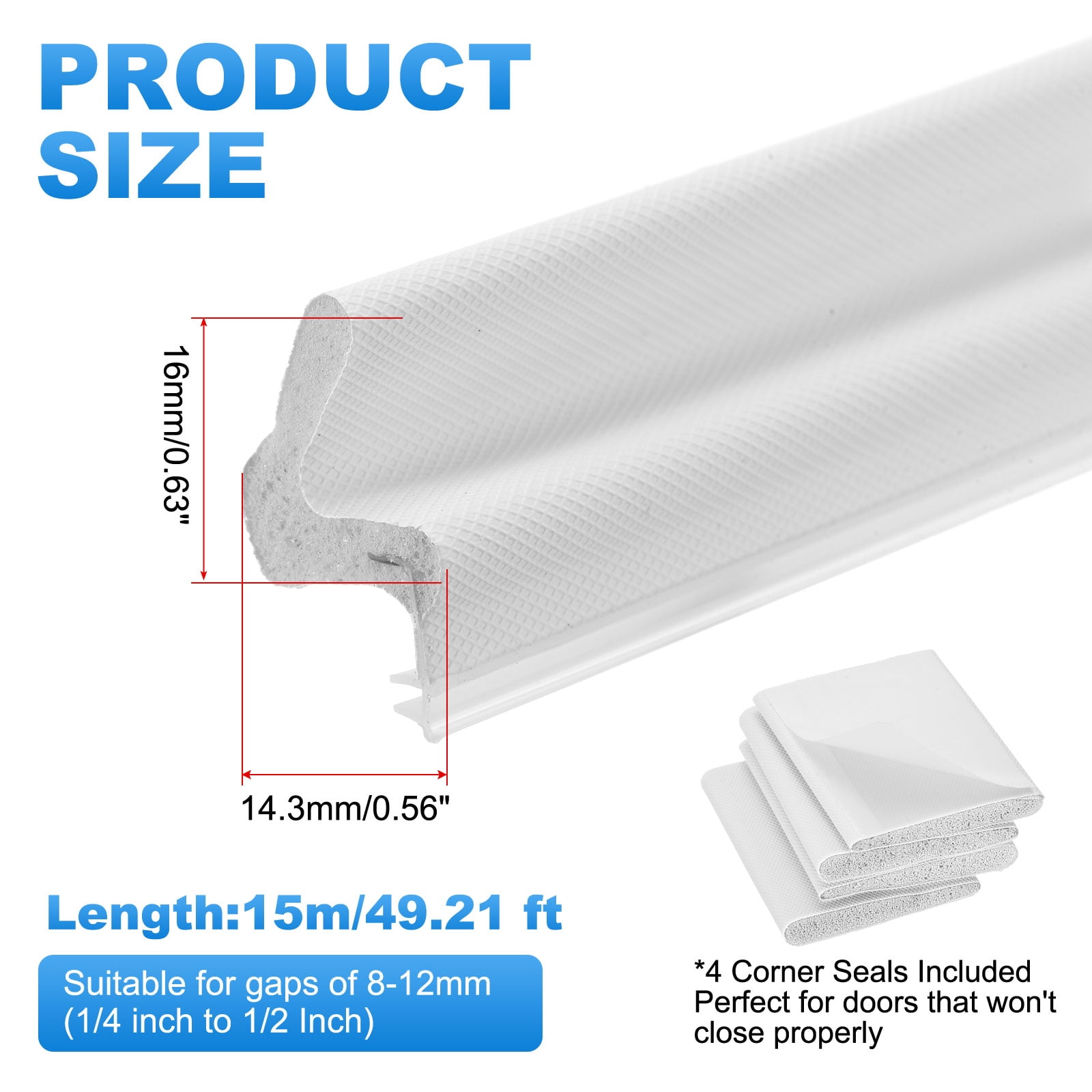 Uxcell Door Weather Stripping, 49.21 ft V-shaped Kerf Front Exterior Door Frame Weather Stripping with 4 Corner Seals for Soundproof Entry Interior Frame Window Gap Filler, White
