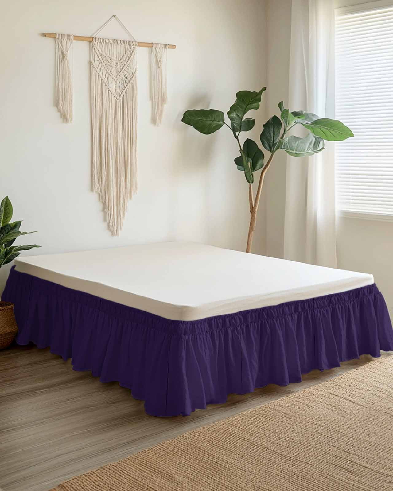Solid Color Ruffle Bed Skirt Queen Size Dark Purple Adjustable Elastic Dust Bed Skirts Wrap Around Bedskirt Wrinkle Free Easy Fit with 16 Inch Drop