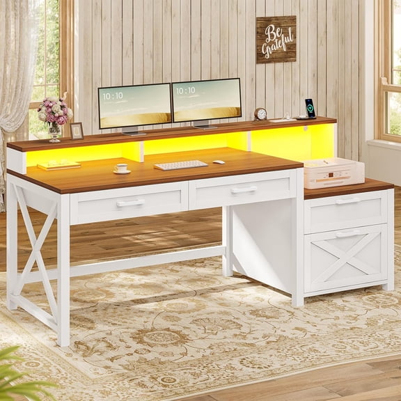 Farmhouse Computer Desk with Power Outlets, Home Office Desk with Drawers & Monitor Stand, Corner Desk with Printer Stand & LED Lights, 55" White Desk Writing Desk Study Table for Small Space