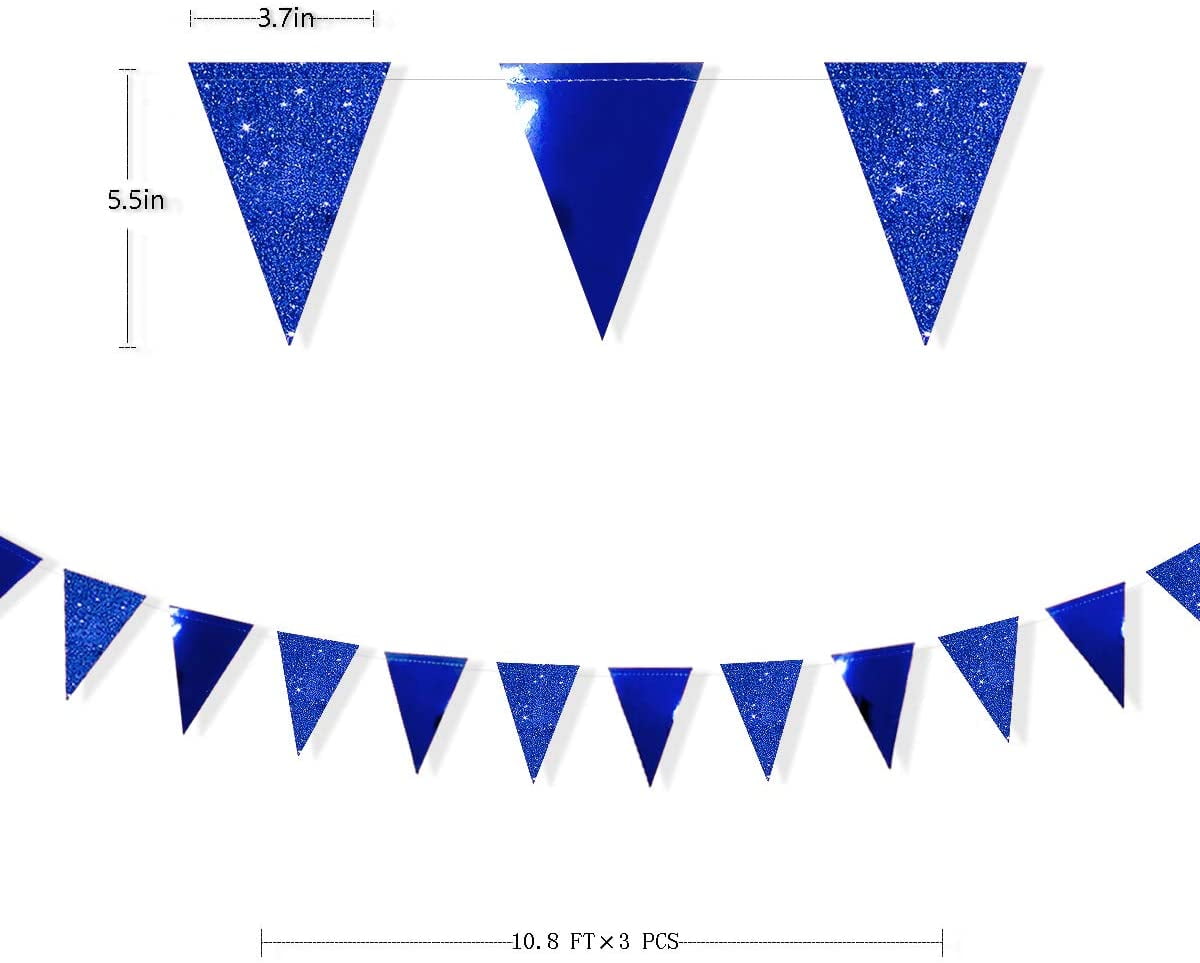 30 Ft Navy Blue Party Decorations Royal Blue Metallic Glitter Paper Triangle Banner Flag Garland
