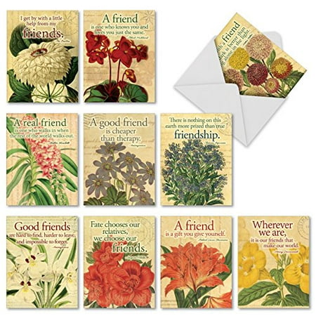 'M1710TY SAY IT WITH FLOWERS' 10 Assorted Thank You Notecards Feature Floral Art Paired with Quotations on the Meaning of Friends with Envelopes by The Best Card