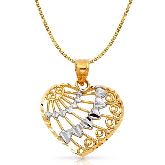 14K Two Tone Gold Fancy Heart Charm Pendant with 1.4mm Flat Open Wheat Chain Necklace - 20"