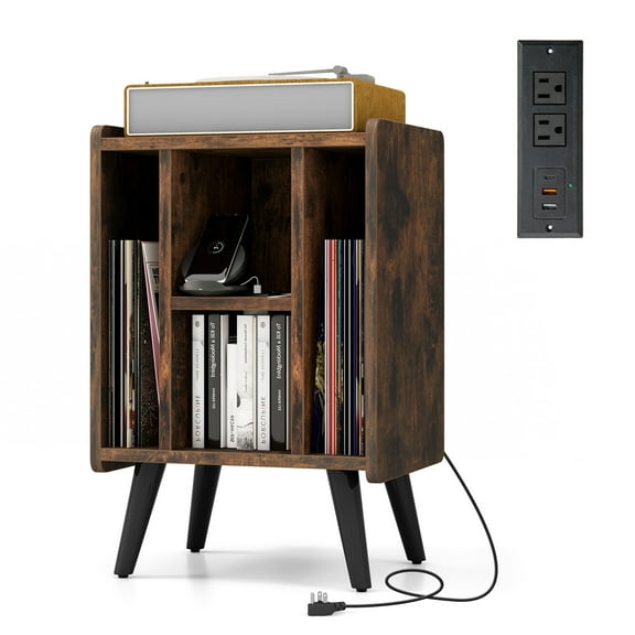 Gymax Record Player Stand w/ 4 Storage Compartments Supporting Legs Charging Station Brown