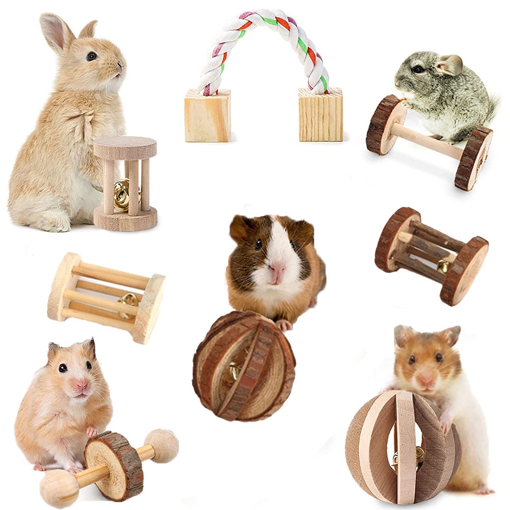EElabper 5pcs Hamster Wooden Chew Toys Little Pets Natural Pine Dumbells Unicycle Bell Roller PlayToy for Rabbits Rat 
