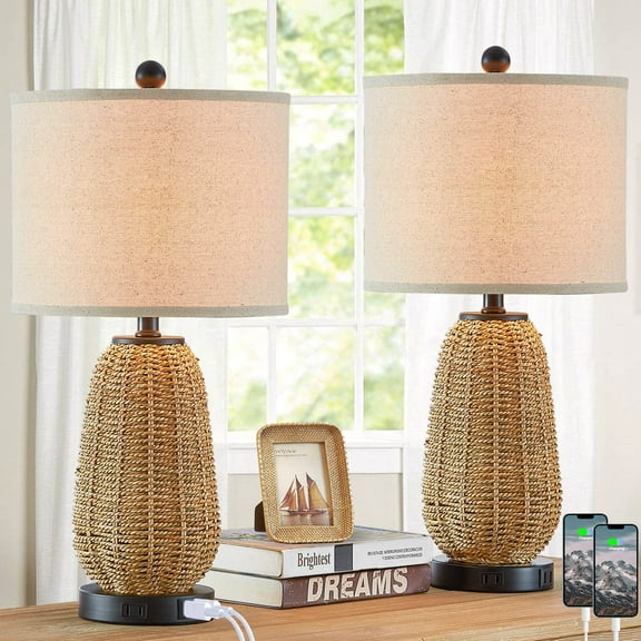 Farmhouse Style Rattan Table Lamps Set of 2 with 3 Way Dimmable Touch Switch, 2 USB Ports , For Living Room Bedroom Home Office,LED Bulb Include，Black,24 * 12.5 * 6.5 Inch