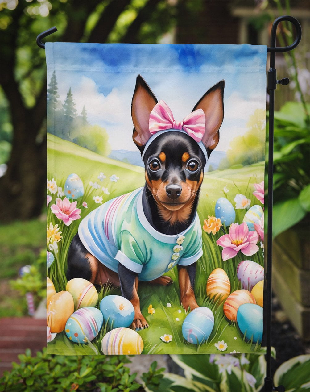 Miniature Pinscher Easter Egg Hunt Garden Flag 11.25 in x 15.5 in