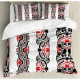 thumbnail image 1 of Primitive Duvet Cover Set Queen Size, Haida Motifs in Vertical Borders with Abstract Tribal Animal Figures, Decorative 3 Piece Bedding Set with 2 Pillow Shams, Black Vermilion White, by Ambesonne, 1 of 3