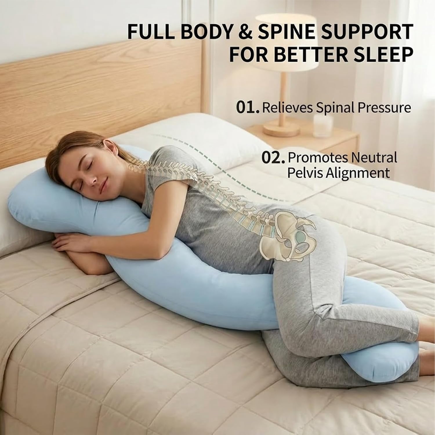 Pea Pod Body Pillow for Adults - Plush Full Body Pillow with Even Filling Removable Cover Breathable Comfortable Body Support Pillow for Sleep Relax Couch Bed (Light Blue)
