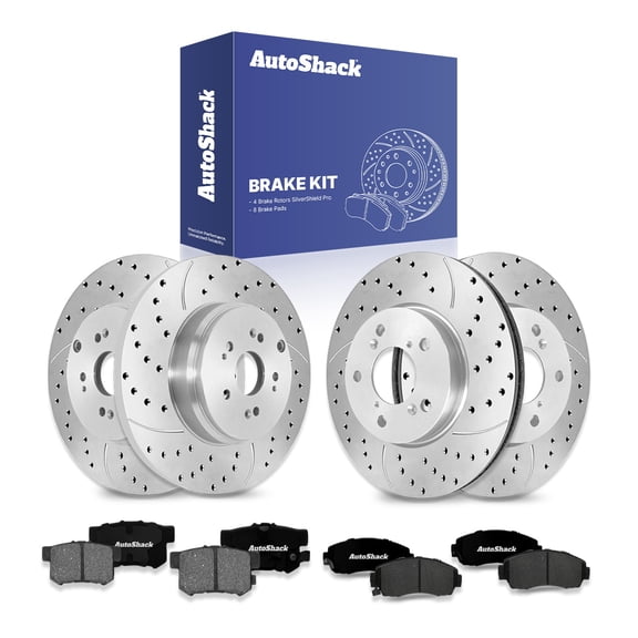 AutoShack Front Vented & Rear Solid Drilled & Slotted Silver Zinc Coated Brake Rotors   Ceramic Pads 12-PC Brake Kit Replacement for 2007-2011 Honda CR-V 2010-2012 Acura RDX SilverShield Pro