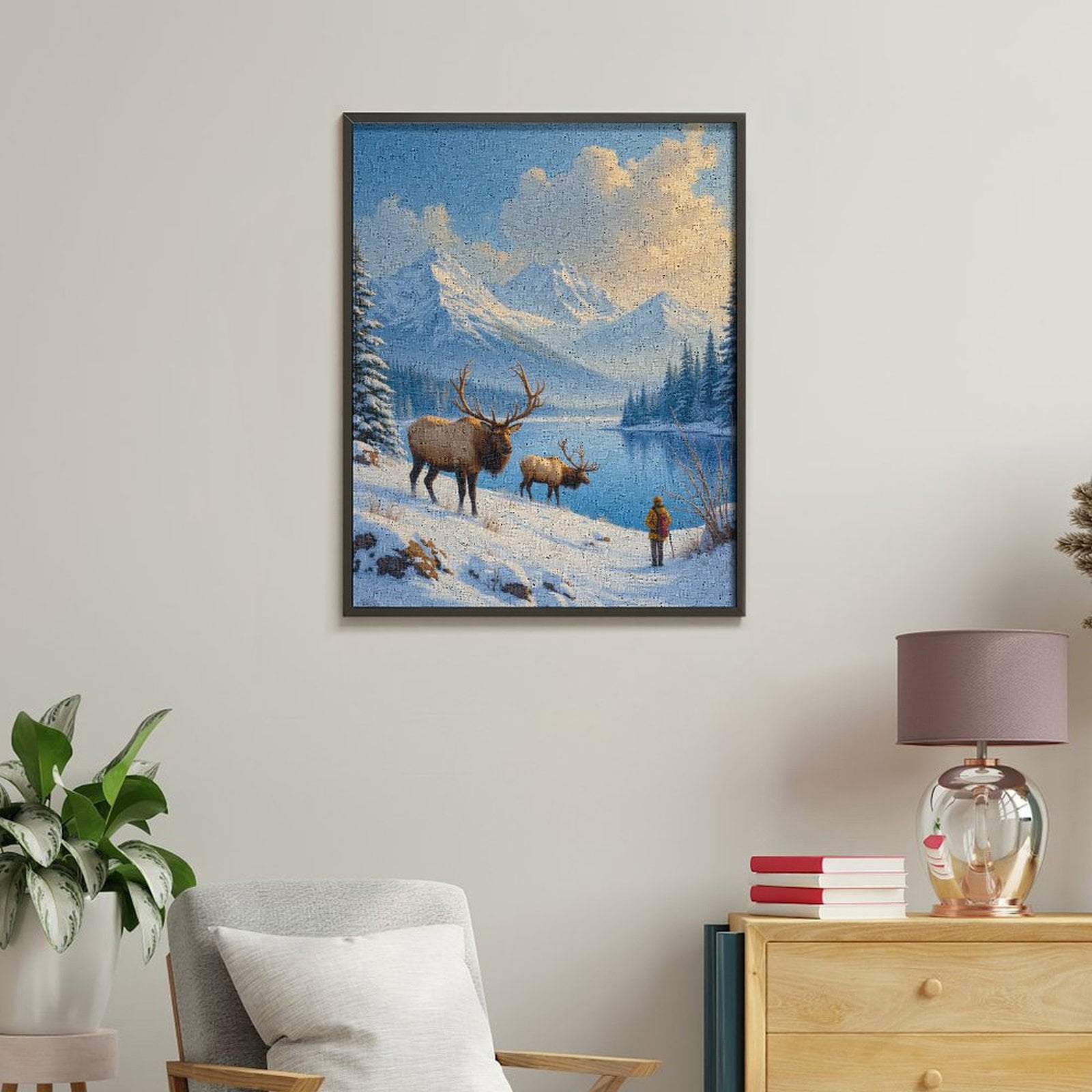 Paint by Numbers Kit for Adults, Snowy Mountain Elk Reflection Paint by Numbers, Easy Paint by Numbers Kit for Adults Beginner, DIY Adult Paint by Number Kits on Canvas, 12x16in Home Decor