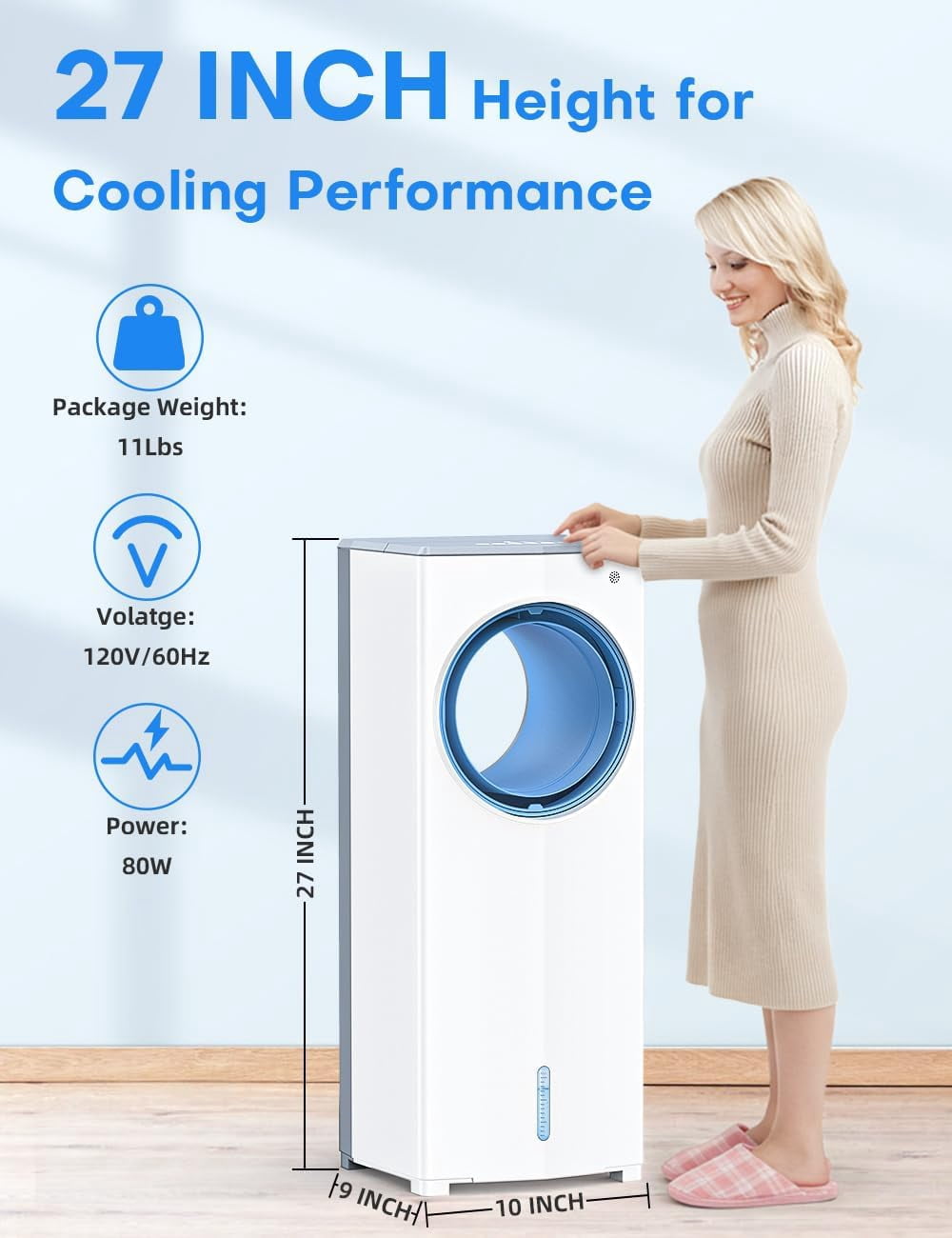 Windowless Portable Air Conditioner, 27" Bladeless Evaporative Air Cooler, Dual Tanks for 24H Cooling, 4 Modes & 3 Speeds, 25FT Remote&Timer, 360° Swing Swamp Cooler Air Cooler Indoor
