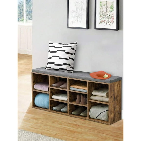 REZJSWFSMMJ Shoe Storage Bench, Entryway Bench With Storage, 3-Tier Shoe Rack Bench 10 Cubbies Adjustable Shelves Shoe Organizer Shelf For Hallway Front Door Living Room Bedroom ,Brown