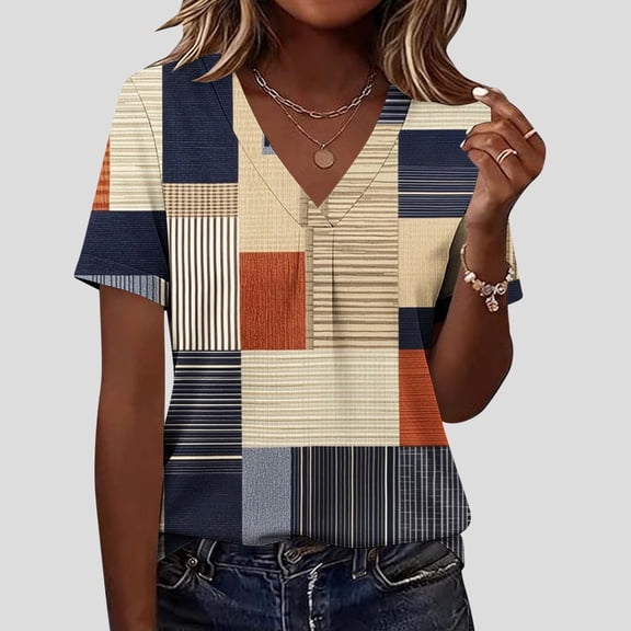 AUNVITO Women's V-Neck Short Sleeve T-Shirt Fashion Print Relaxed Fit Casual and Trendy Style