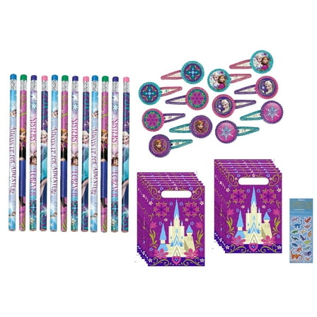 Unique Disney Frozen Party Favors Bundle, 16 Loot Bags, 12 Pencils, 12 Hair Clips