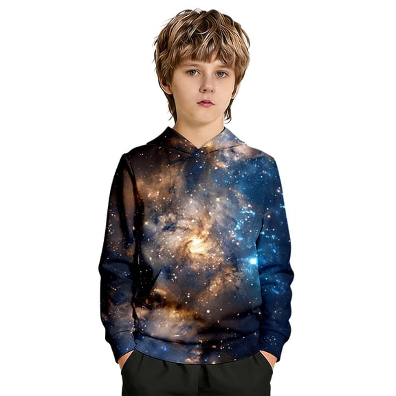 ZXLBBD Boys Sweatshirts Galaxy Print Hoodie Long Sleeve Pullover with Front Pocket for Kids Streetwear Comfort Loose Casual Dailywear