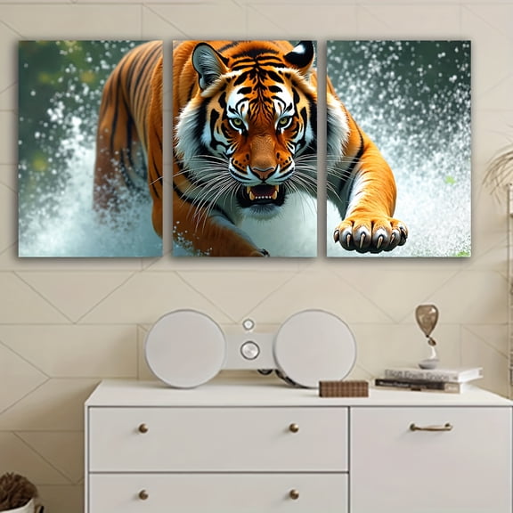 3pcs Frameless Canvas Wall Art - Vibrant Tiger Splashing in Water Spray Paint Artwork, Vertical Modern Home Decor for Living Room, Bedroom, Office - Unique Gift for Birthdays, Holidays & Parties, Be