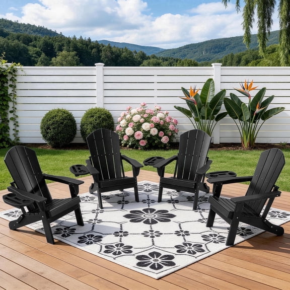 FOOWIN Folding Adirondack Chair with 4 in 1 Cup Holder Set of 4, HDPE Outdoor Fire Pit Chairs Adirondack Chair Plastic, Black