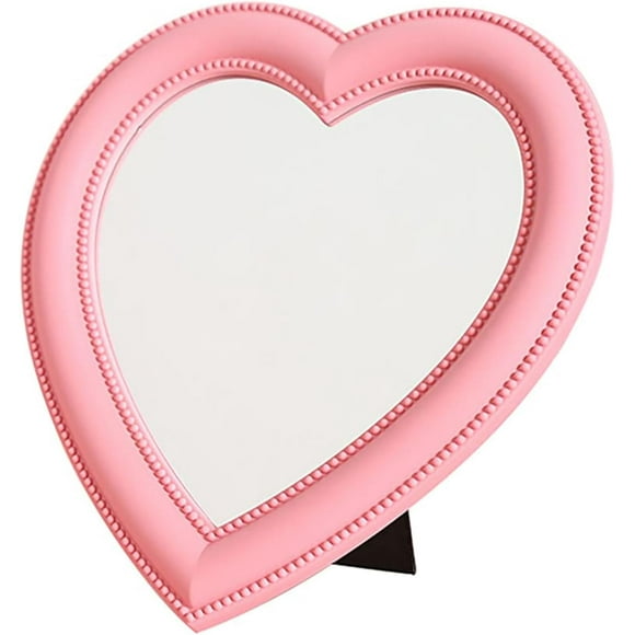 shiyou-Desk Heart Mirror, Wall Mounted Mirror with Bracket Hanging Hole, 11"x10.6" Dark Pink Mirror, Table Vanity Mirror for Home Room Decor, Birthday Valentine's Day Gift for Girl Women