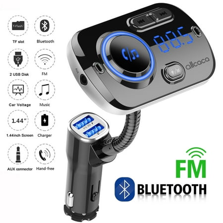 USB Car Bluetooth FM Radio Transmitter, ALLCACA Wireless Audio Adapter Receiver Hands Free Car Kit with QC3.0 Charging and 7-Color Backlit, 4 Play