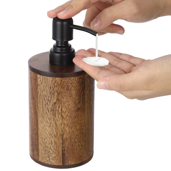 Walnut Wood Soap Dispenser, 400 ml / 13.5 fl oz Round Lotion Dispenser, Refillable Hand Soap Bottle, Bathroom Countertop Shampos Jar for Essential Oils, Lotions
