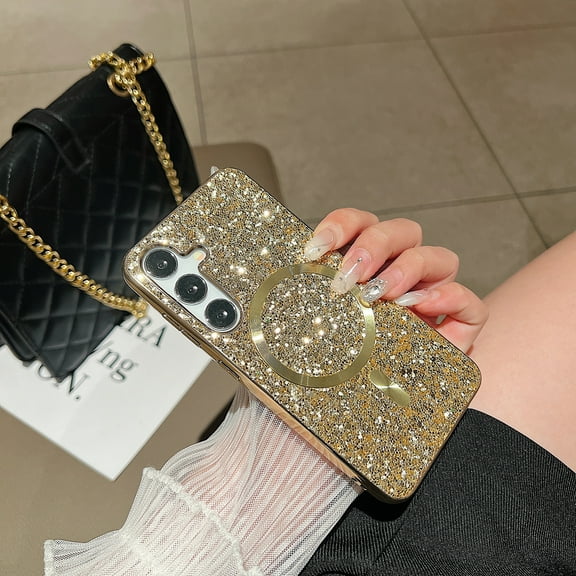 Stylish Phone Case for Samsung Galaxy S24, Glitter Bling Shiny Magnetic Back Cover Slim Fit Bumper Rugged Shockproof Case Cover for Girls Women, Gold