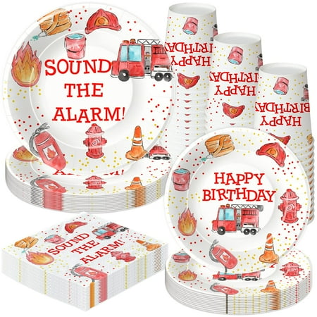 Fire Truck Birthday Party Supplies Firetruck Firefighter Birthday Party Decorations Tableware Include 9" Fire Truck Party Plates, 7" Plate, Cups, Napkins, Fireman Party Supplies Serve 48