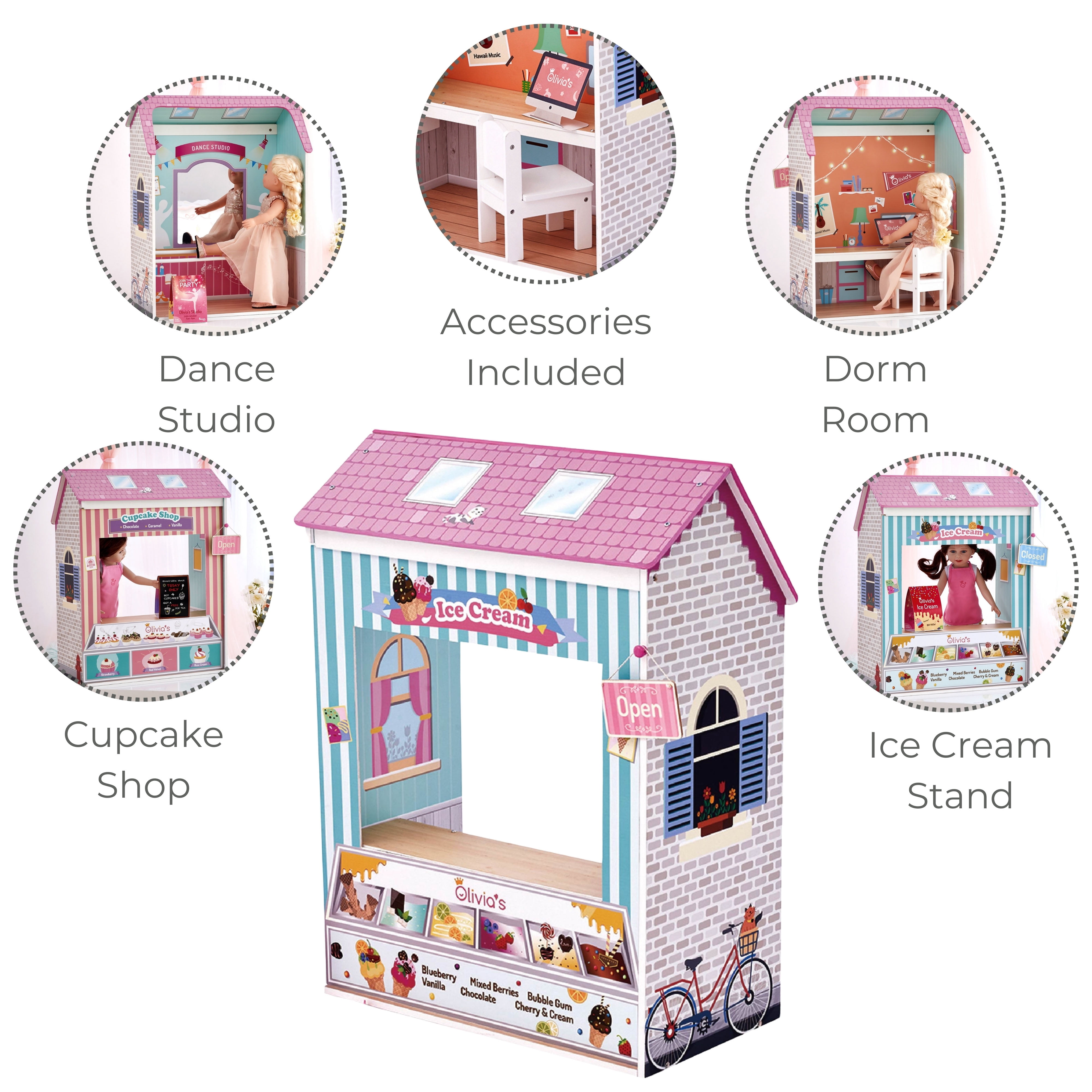 Olivia's Little World Convertible 4-in-1 Wooden Dollhouse Play Set
