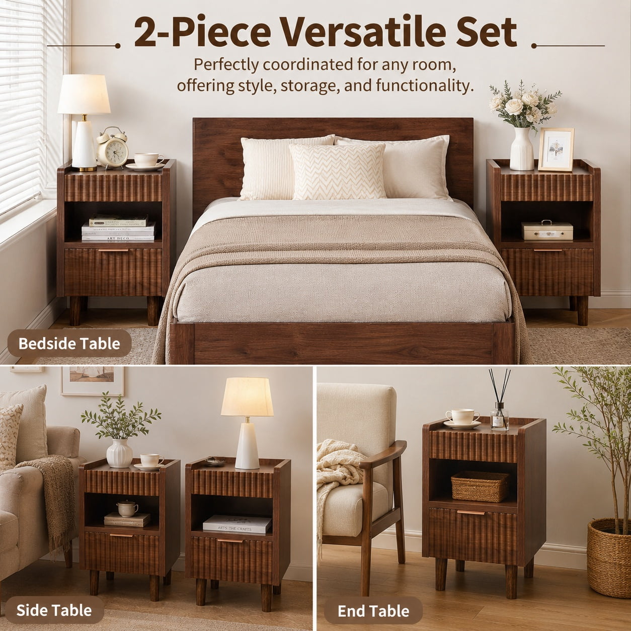 Aukfa Fluted Nightstands Set of 2,Bedside Tables End Tables with Drawer for Bedroom,Walnut