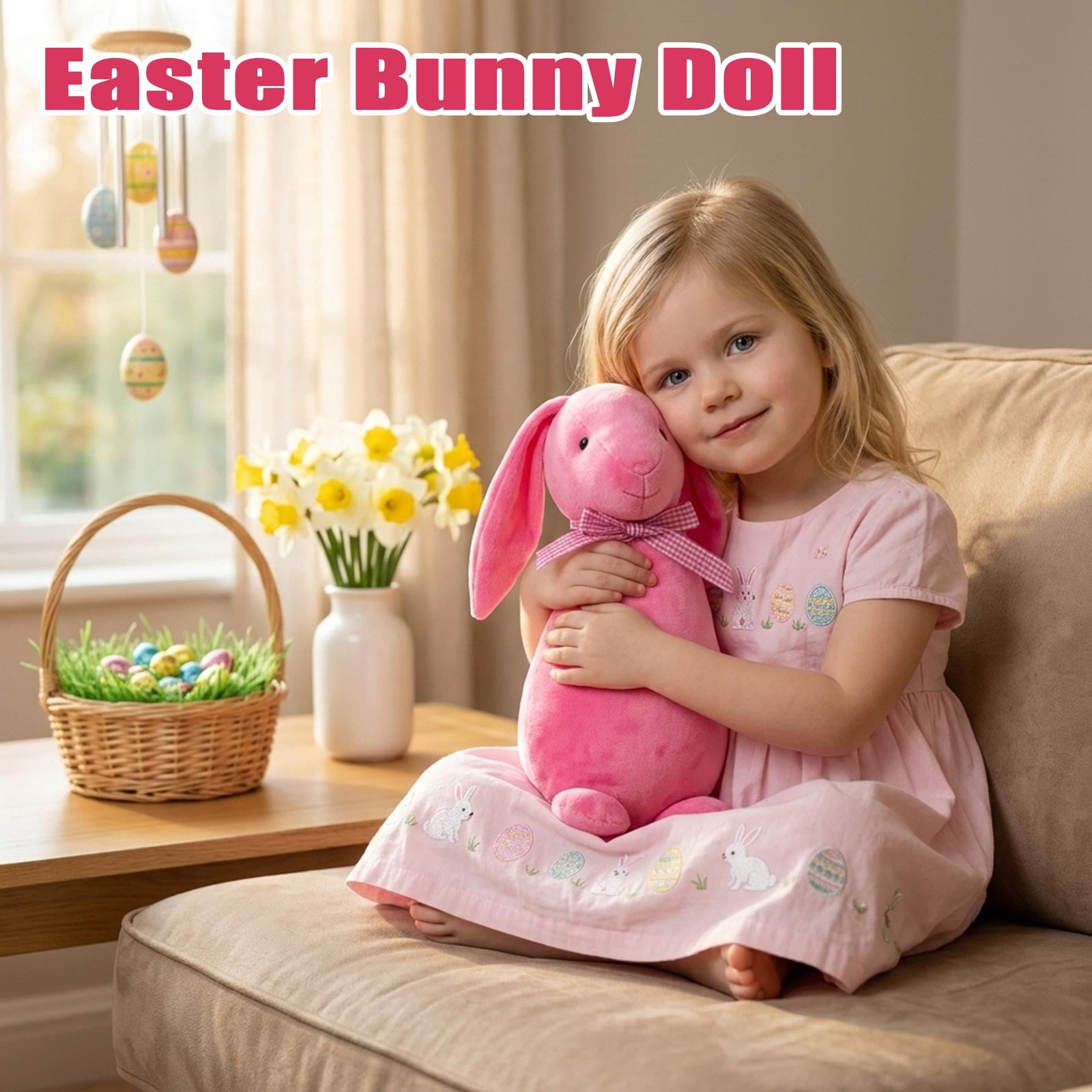 Easter Bunny Plush Doll with Bow, Standing Comfort Toy, Sleep Companion for Kids