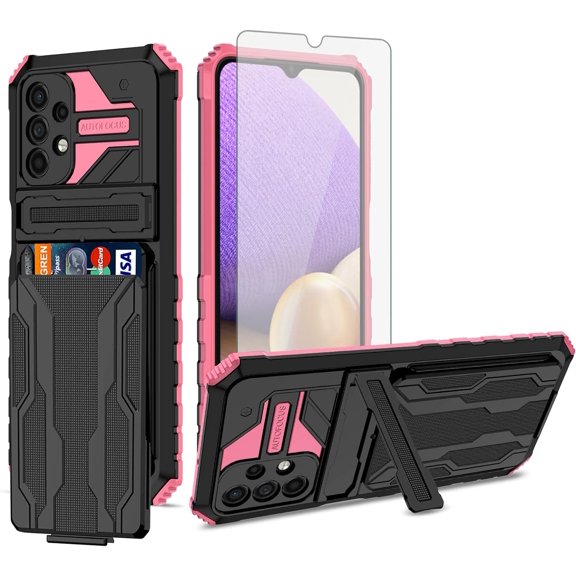 Phone Case for Samsung Galaxy A32 5G 2021 6.5 inch with Tempered Glass Screen Protector Cover and Card Holder Stand Cell Gaxaly M32 G5 Galaxies A 32 32A S32 SM-A326U A326U Women Men Pink