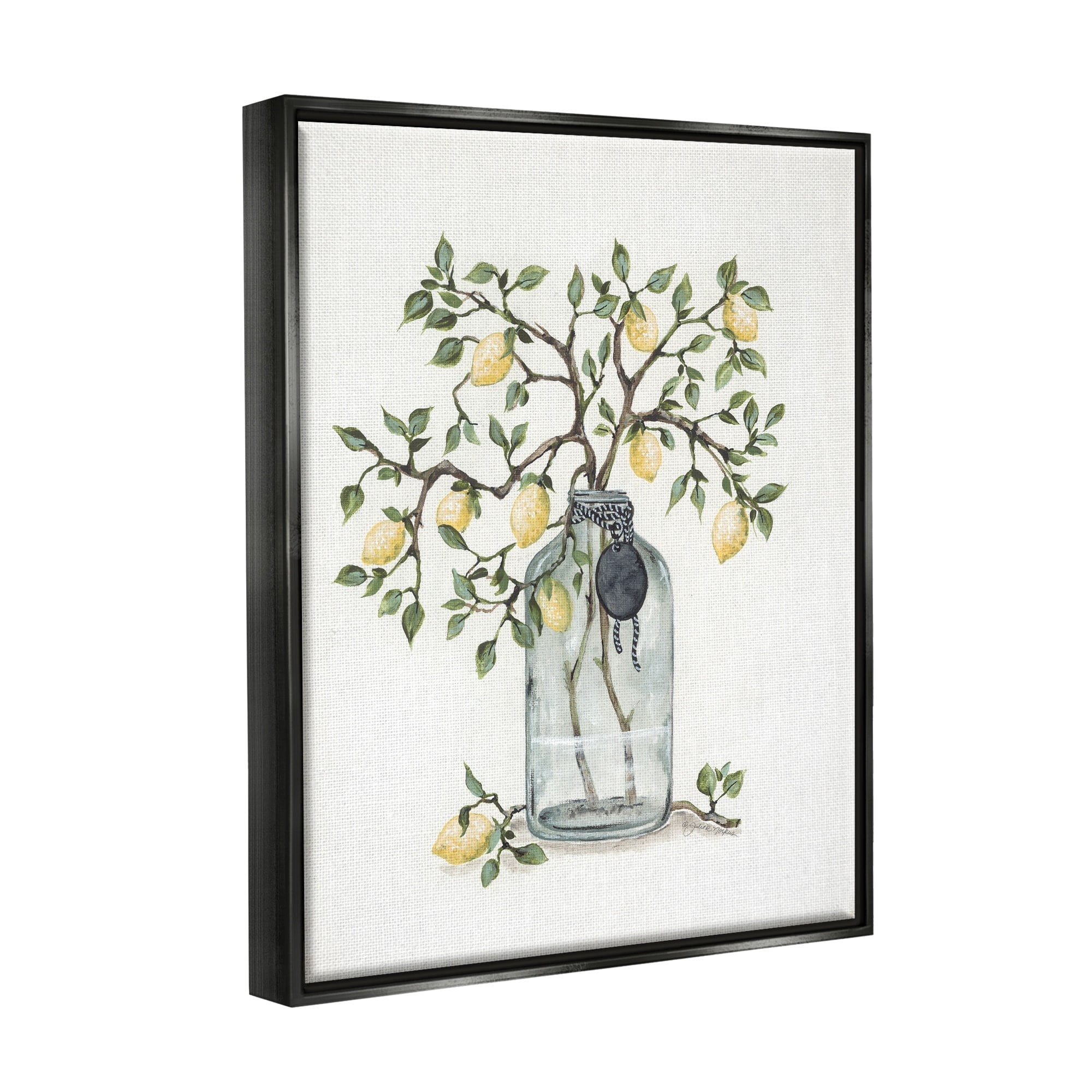 Stupell Industries Dangling Country Lemon Branches Decorated Glass Vase Painting Jet Black Floating Framed Canvas Print Wall Art, Design by Julie Norkus