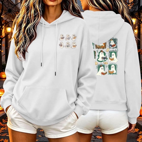 Hurxie Sweatshirt Hoodies Halloween for Women Graphic Pullover Top White,L