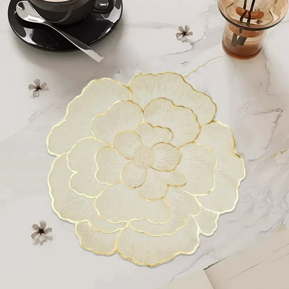 Kingtowag (Pressed Vinyl Table Mats Gold), Placemats Round Rose Flowers Placemats for Kitchen Dining Table Pressed Vinyl Table Mats for Holiday Wedding Centerpiece, Gold