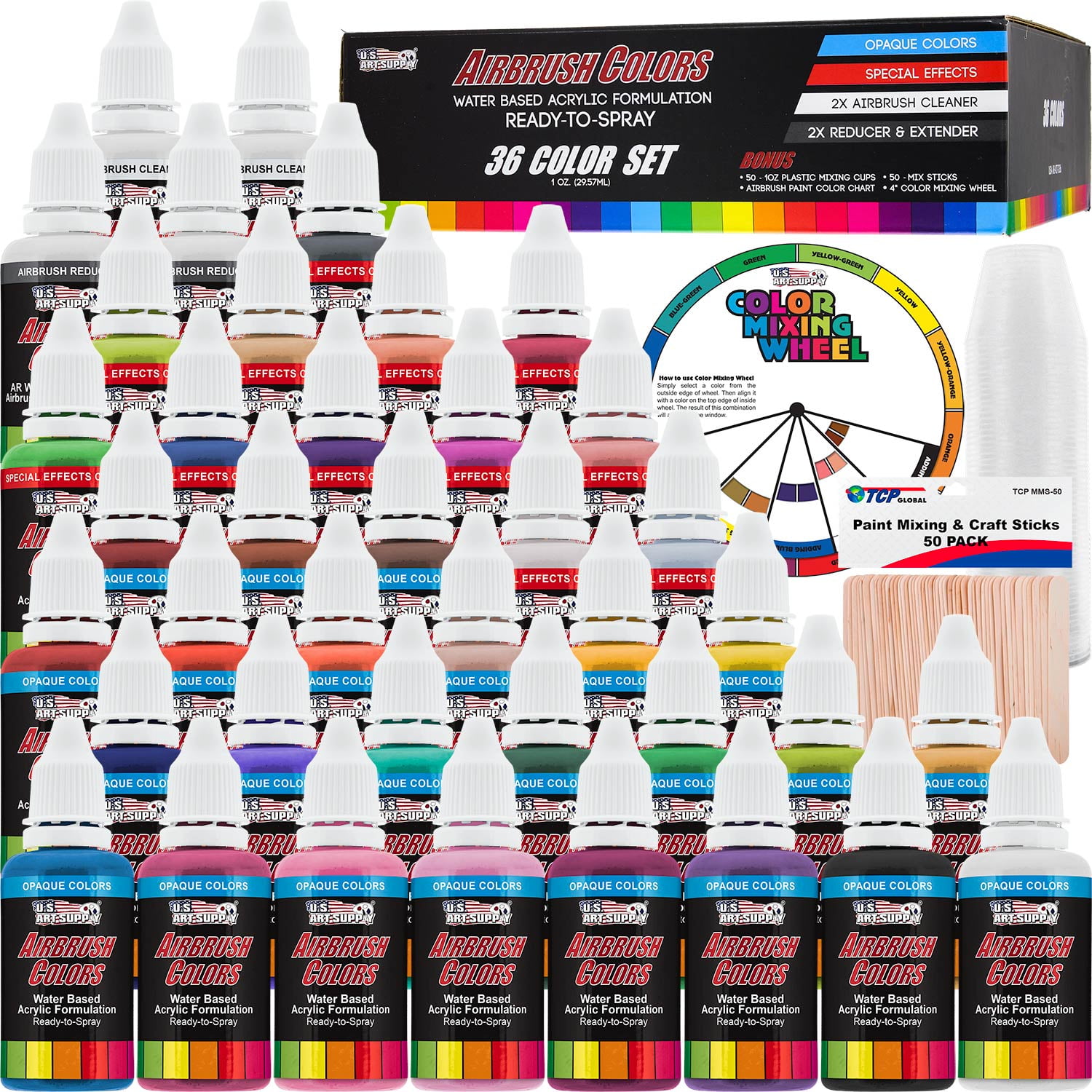 U.S. Art Supply 36 Color Deluxe Airbrush Acrylic Paint Set with Cleaner